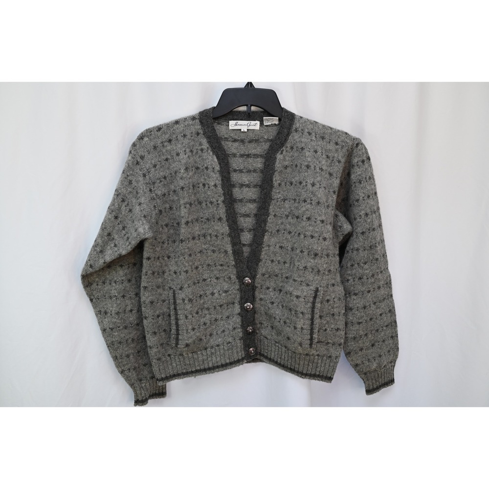 Herman Geist Vintage Gray 100% Wool Cardigan Sweater Large Geometric Knit Button